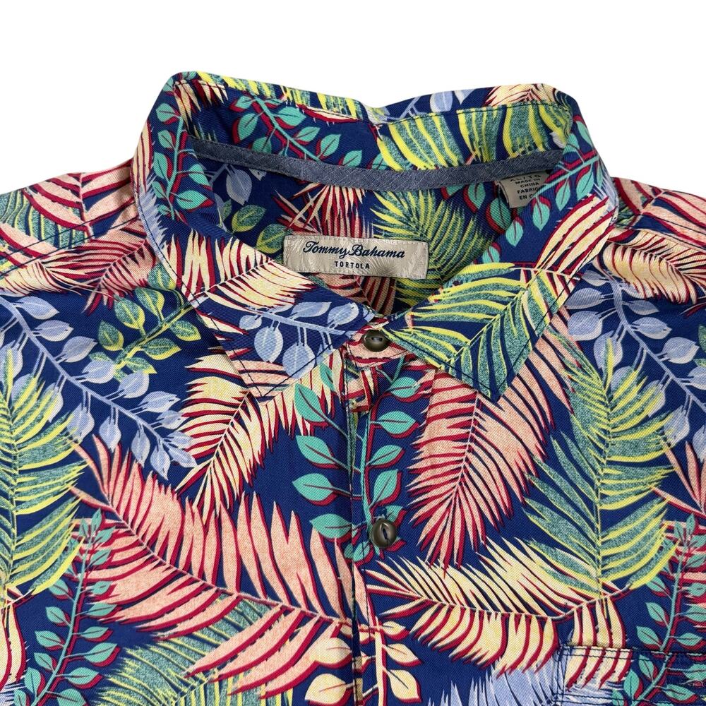 Tommy Bahama Mens Hawaiian Shirt XL Blue Tropical Leaf Camp Beach Resort
